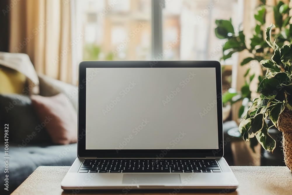 Open laptop on table with cozy home background Open laptop on table with cozy home background