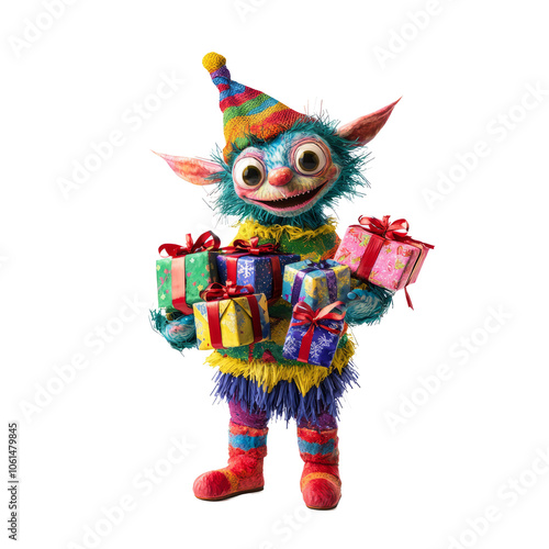 A tiny monster dressed like a New Year's elf, holding a small pile of presents. photo