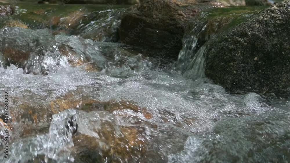 Clear water stream flowing throgh the rocks under sunlight in the forest. Freshness and cleanliness of the creek in the nature. Water conservation concept. Clear water stream flowing throgh the rocks under sunlight in the forest. Freshness and cleanliness of the creek in the nature. Water conservation concept.