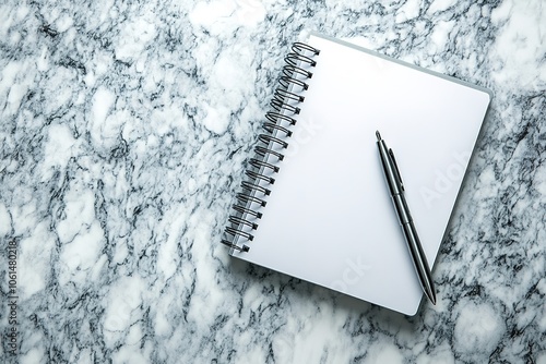 Blank notepad with pen on marble background, space for text photo