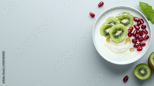 Greek Yogurt with Fresh Fruit on Light Gray BackgroundA bowl of Greek yogurt topped with kiwi, pomegranate, and honey drizzle on a subtle gray background, promoting a healthy snack.