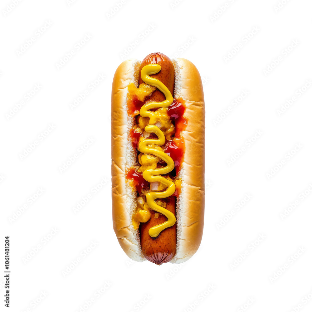 Delicious hot dog with mustard and ketchup, on transparent background. Delicious hot dog with mustard and ketchup, on transparent background.