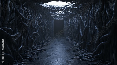 Sinister Biomechanical Hallway of Dread - Ultra-Detailed Horror 3D Render Illustration