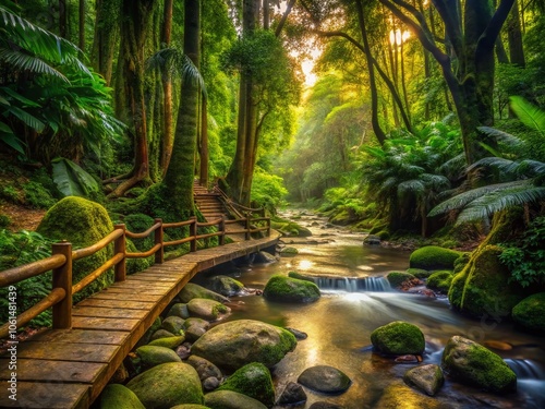 Serene Low Light Path in Rainforest National Park with Rocks, Wood Handle, and Stream Reflection photo