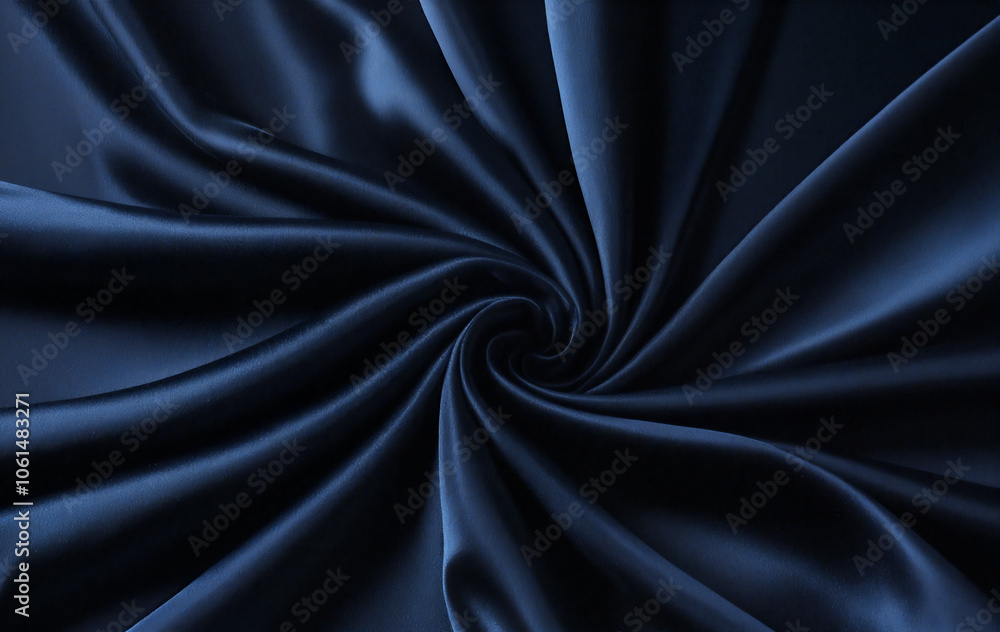 Fototapeta premium Smooth elegant dark blue satin cloth forming a spiral, luxurious textile background
