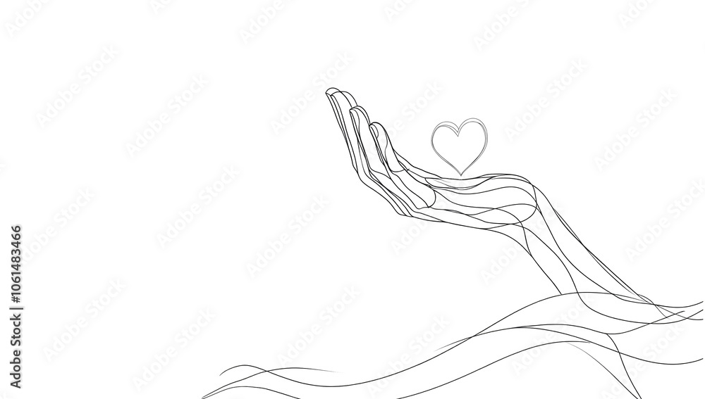 Fototapeta premium Minimalist line drawing of a heart in hand, expressing love, against a clean white background.