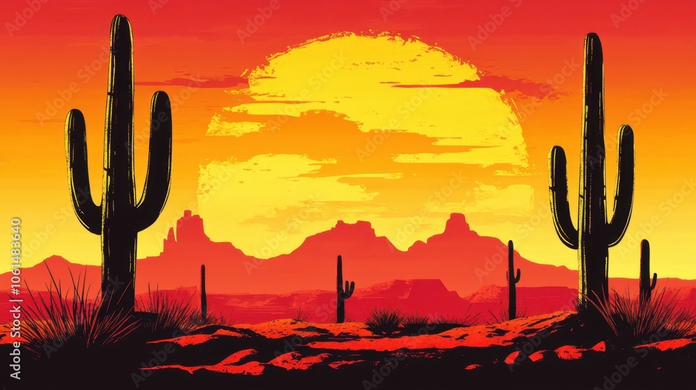 Vibrant Desert Sunset with Cacti and Silhouette Mountains Vibrant Desert Sunset with Cacti and Silhouette Mountains