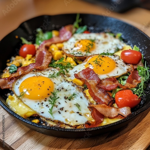 Breakfast: fried eggs, bacon, cheese & veggies photo