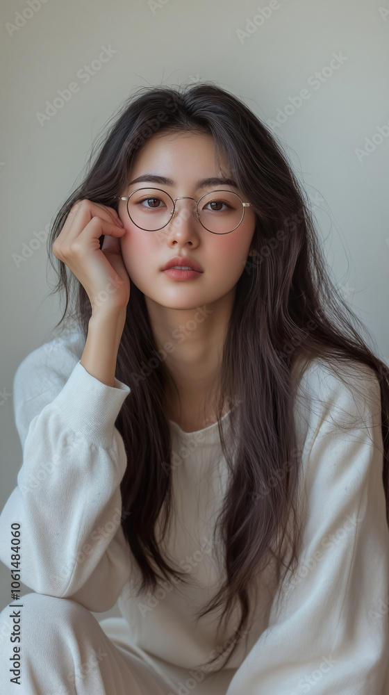Young Asian woman in glasses with natural expression, minimalist style, neutral background Young Asian woman in glasses with natural expression, minimalist style, neutral background