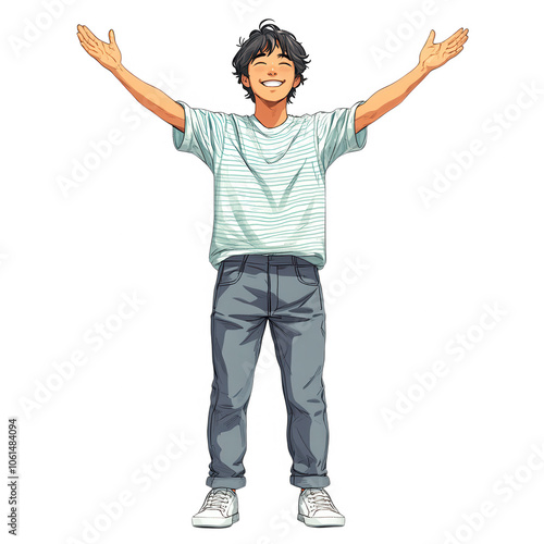 A man raising his arms joyfully, wearing a light blue shirt and casual jeans. He has a cheerful expression, suggesting positivity and celebration. 