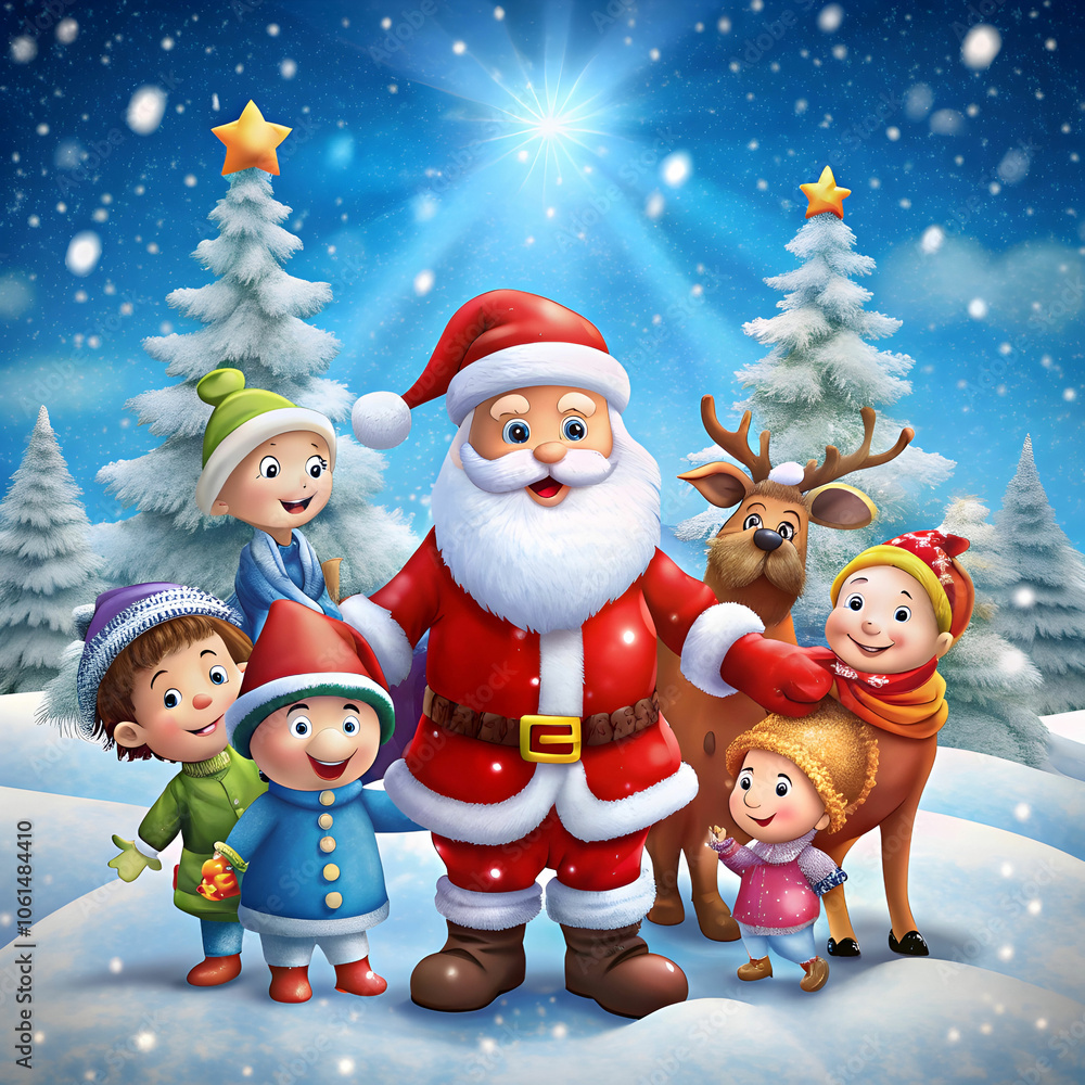 Santa Claus with friends on snowy blue background Santa Claus with friends on snowy blue background