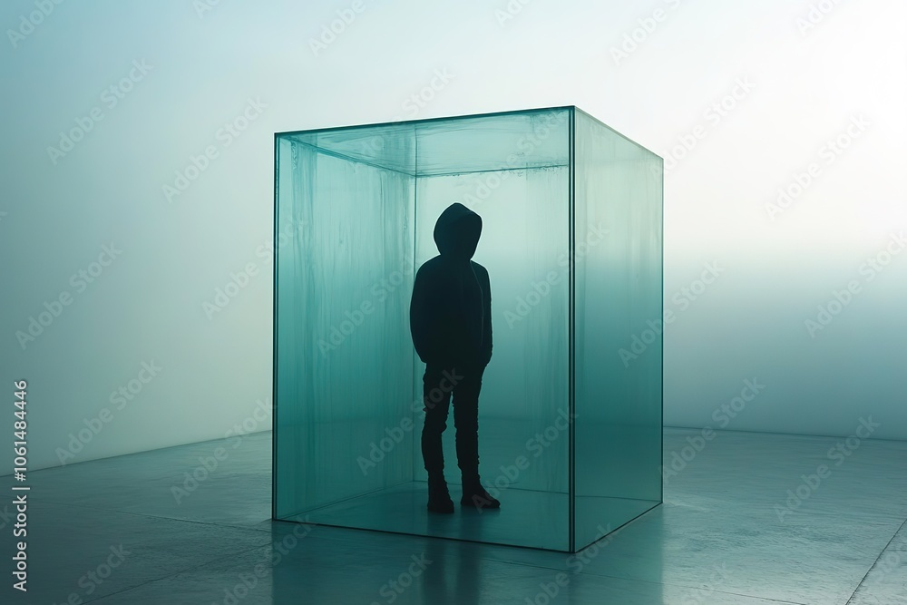 Fototapeta premium Silhouetted person inside blue glass cube in minimalist setting