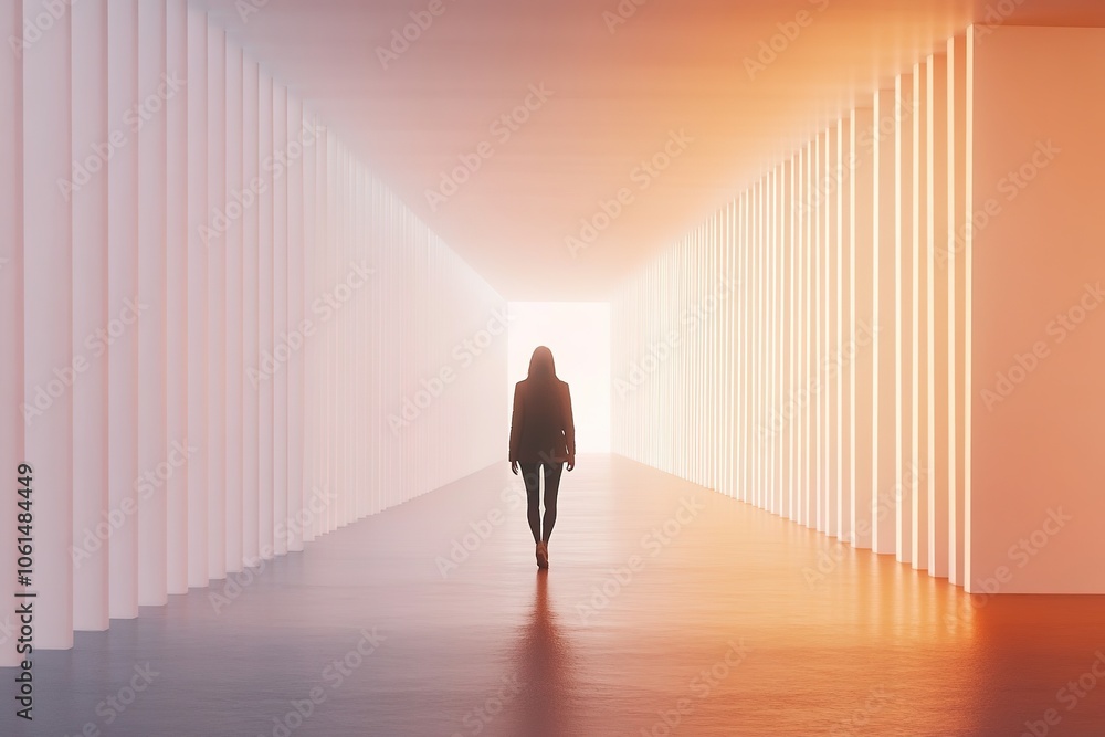 Silhouette walking in illuminated corridor towards light Silhouette walking in illuminated corridor towards light