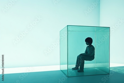 Silhouetted person seated in blue cube, minimalist style