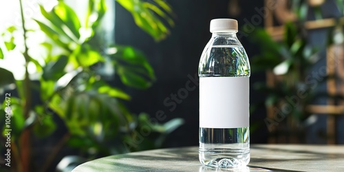 Clear water bottle on table with blank label photo