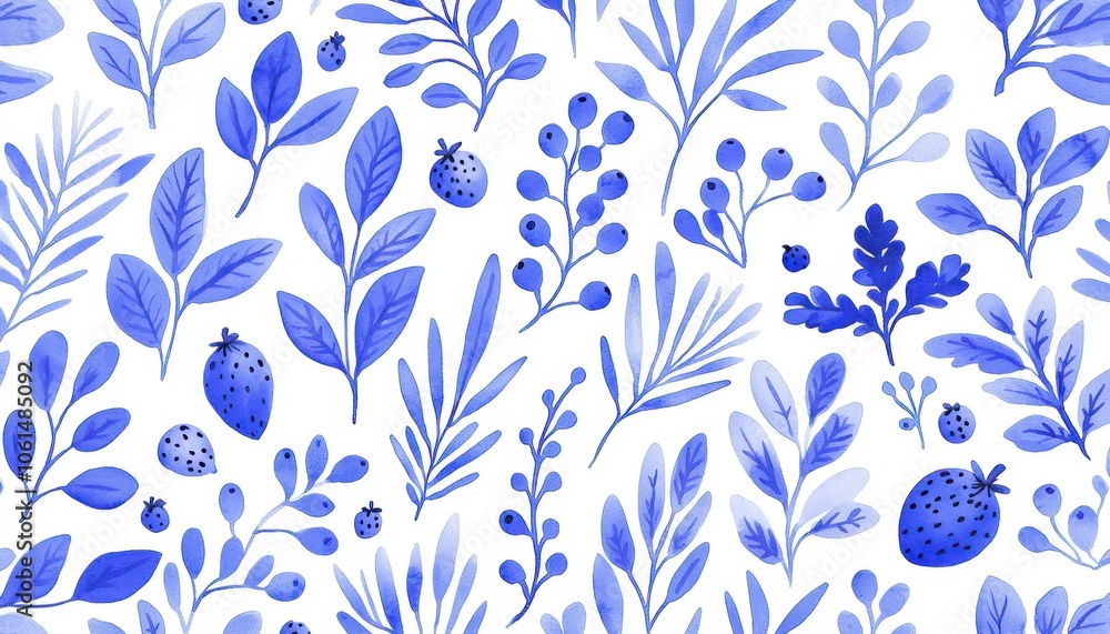A vibrant pattern featuring various blue foliage and berries on a white background, perfect for textiles or digital designs. A vibrant pattern featuring various blue foliage and berries on a white background, perfect for textiles or digital designs.