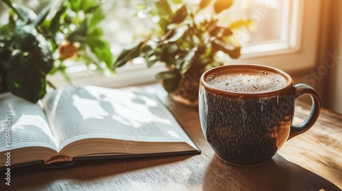 Nestled by the window, a steaming cup of cocoa sits beside an open book, inviting moments of quiet reflection and literary escape on a drizzly afternoon.