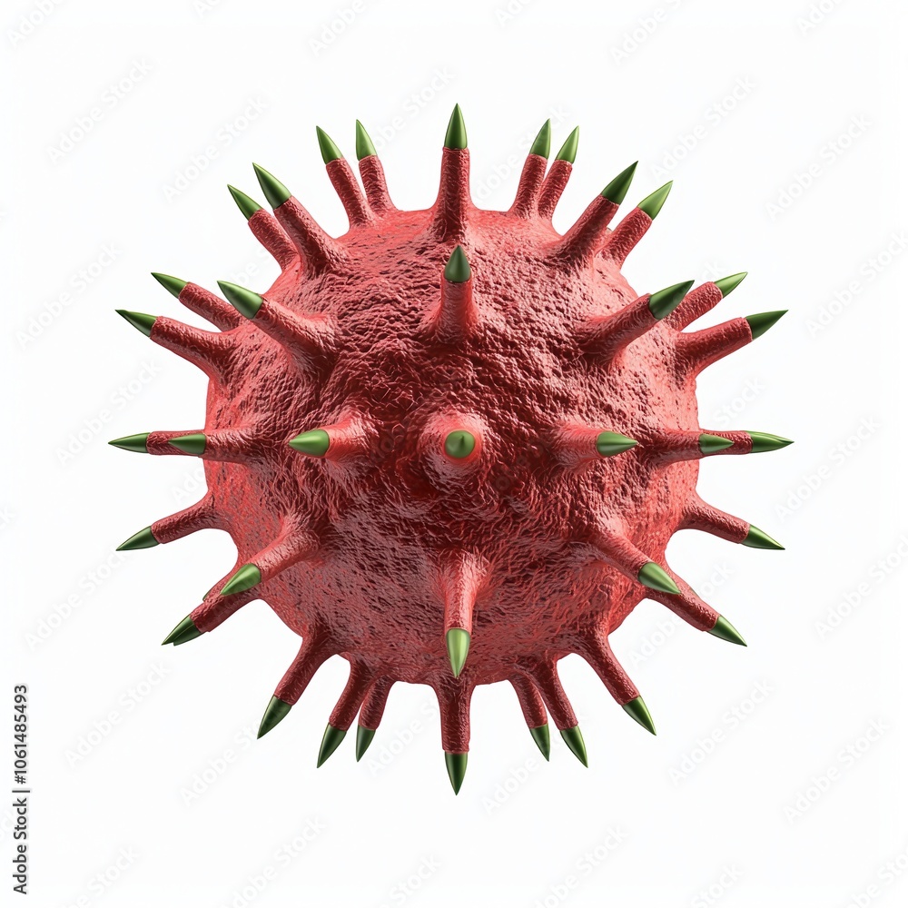 3D render of a spiky virus model with red color and green spikes, white isolated background.