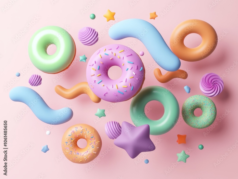 Playful 3D Scene with Floating Donuts and Abstract Shapes on Pastel ...