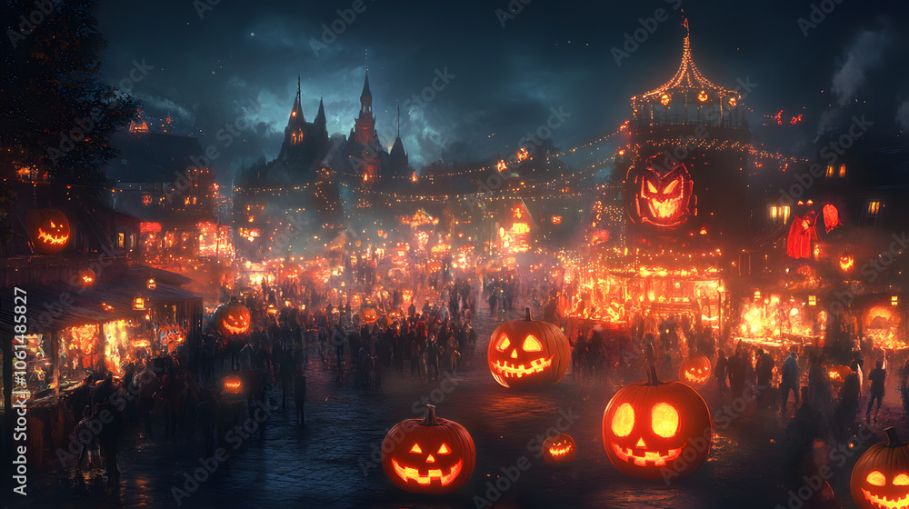 Fototapeta premium A night scene of a pumpkin carving contest.