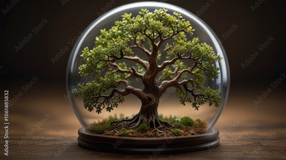 a mini bonsai tree encased in a glass dome, located in the middle of a lush forest. Bonsai trees, with their intricate branches and colorful leaves, are tiny masterpieces of natural art. a mini bonsai tree encased in a glass dome, located in the middle of a lush forest. Bonsai trees, with their intricate branches and colorful leaves, are tiny masterpieces of natural art.