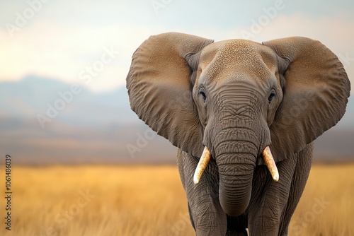 A majestic elephant standing in the savannah, showcasing its large ears and tusks against a blurred background. photo