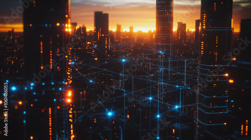 Wallpaper Mural Smart digital city with connection cyber security network reciprocity over the cityscape . future smart wireless digital city and social media networking systems that connects people within the city Torontodigital.ca