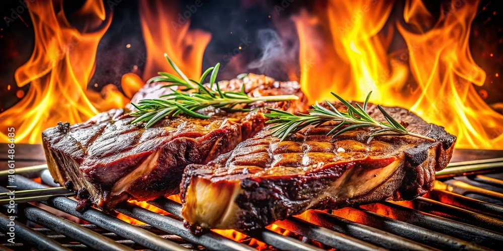 Sizzling Asado de Tira Short Ribs Grilled to Perfection - Captivating Double Exposure Photography of Juicy Meats and Grill Flames for Food Lovers Sizzling Asado de Tira Short Ribs Grilled to Perfection - Captivating Double Exposure Photography of Juicy Meats and Grill Flames for Food Lovers