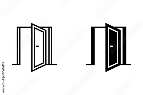 icon set open door in striped and black style on white backround	