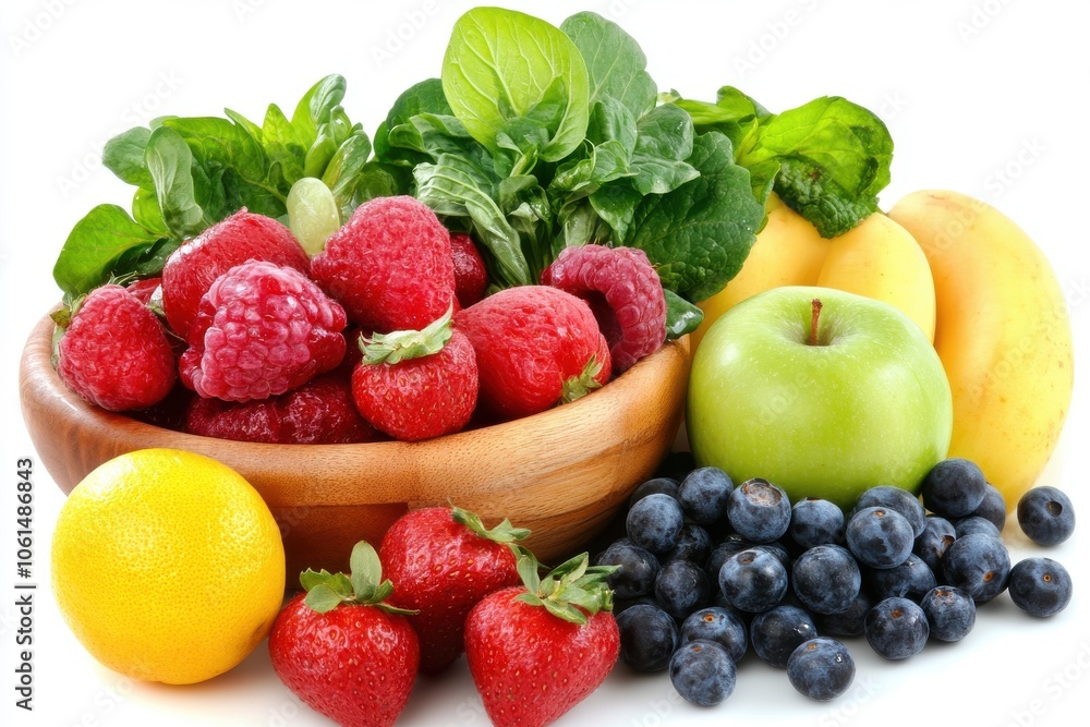 Fresh Fruits and Greens in a Wooden Bowl Fresh Fruits and Greens in a Wooden Bowl