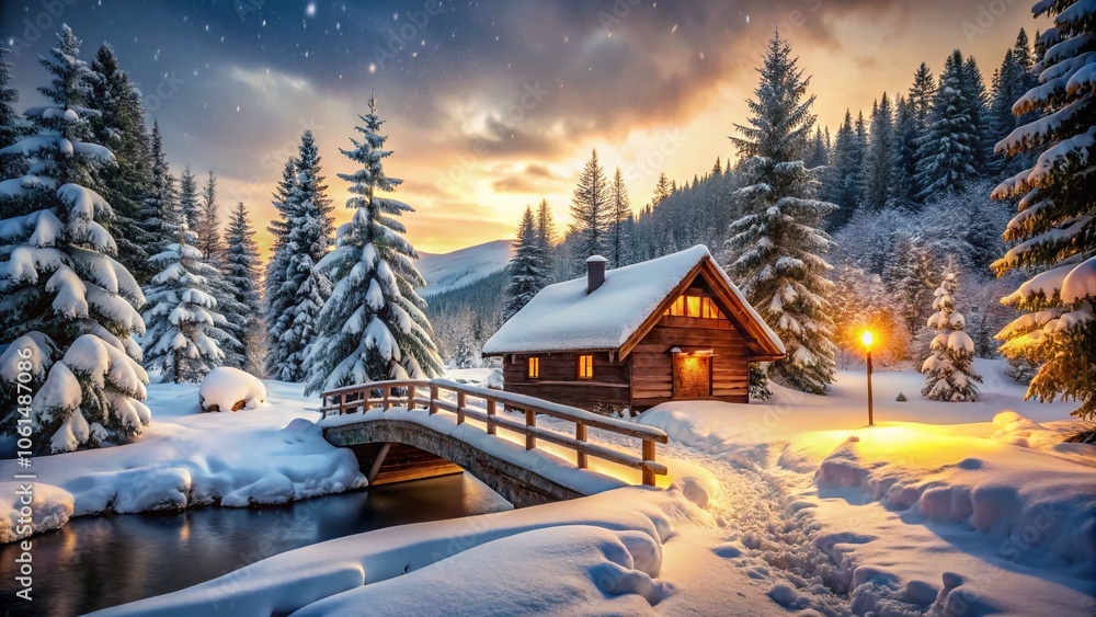 Naklejka premium Snow Covered Bridge Leading to Cozy Cabin in Winter Wonderland - Urban Exploration Photography, Scenic Landscape, Rustic Charm, Nature's Beauty, Winter Adventure, Warm Glow