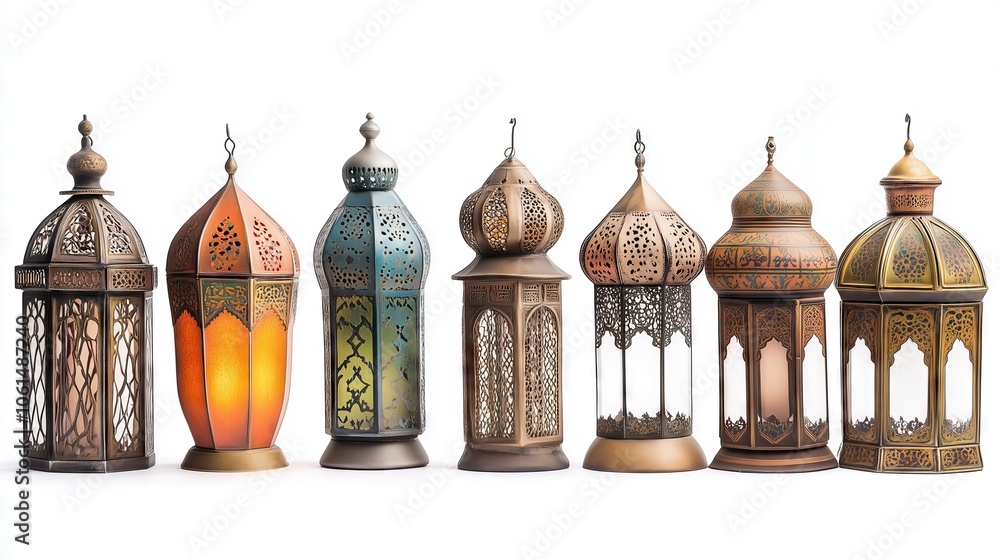 Set of Ancient Arabic Lantern with Middle Eastern Pattern on white background Set of Ancient Arabic Lantern with Middle Eastern Pattern on white background