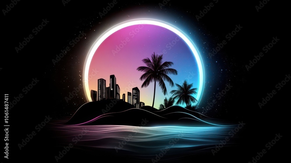 Obraz premium Neon Cityscape Island Palm Trees