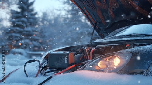 Winter roadside car breakdown with open hood showing engine and portable jump starter booster attached to battery in snowy landscape. Rescue,hope,survival,solution,challenge,overcoming obstacles