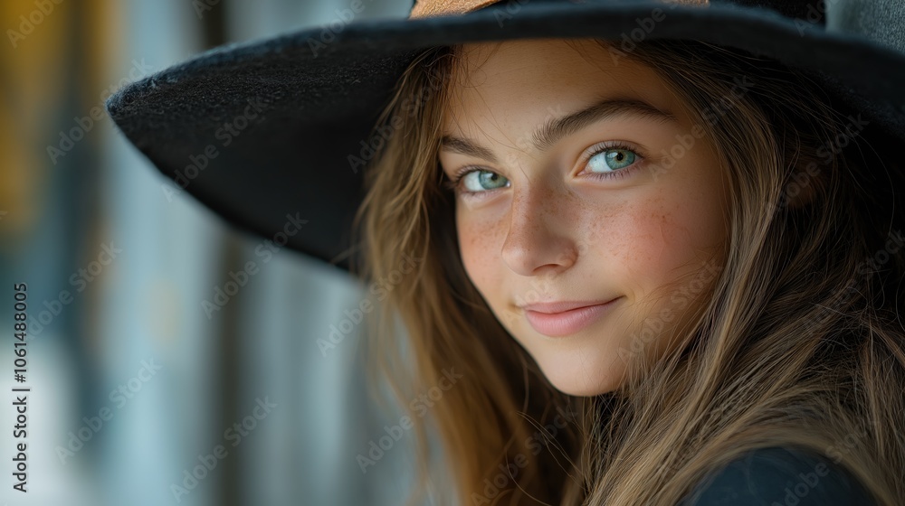 In an enchanting autumn setting, a young woman with long hair gently smiles while donning a stylish black hat, framed by golden leaves and blurred figures in the background. In an enchanting autumn setting, a young woman with long hair gently smiles while donning a stylish black hat, framed by golden leaves and blurred figures in the background.