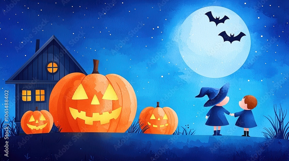 Children in Halloween costumes enjoying a spooky night under a full moon with pumpkins and bats. Children in Halloween costumes enjoying a spooky night under a full moon with pumpkins and bats.