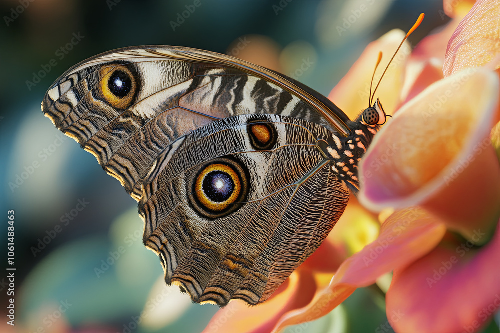 Close up of butterfly resting on vibrant flower, showcasing intricate patterns and colors. delicate wings highlight nature beauty and detail Close up of butterfly resting on vibrant flower, showcasing intricate patterns and colors. delicate wings highlight nature beauty and detail