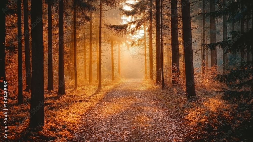 Fototapeta premium In a serene woodland, a winding path is revealed, covered in fallen leaves, as gentle beams of light break through the towering trees above, evoking a sense of peace.