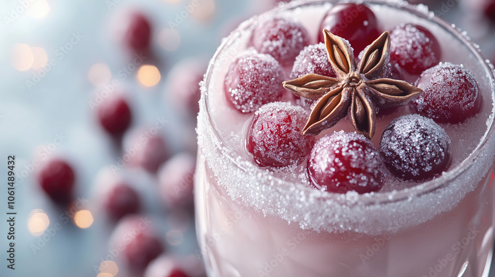 Christmas gin and tonic with star anise and frozen berries close-up.A winter alcoholic drink for the festive season. Christmas gin and tonic with star anise and frozen berries close-up.A winter alcoholic drink for the festive season.