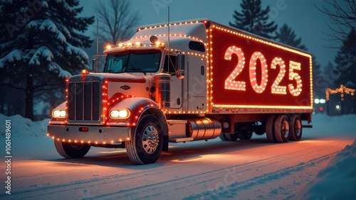 Large semi-truck decorated with bright lights displaying 