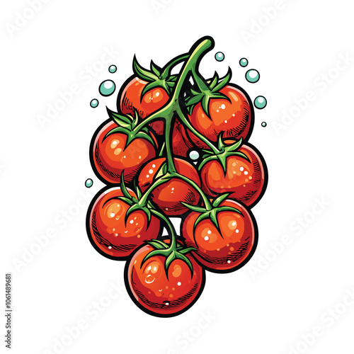 Create a detailed vector illustration of a cluster of ripe tomatoes on the vine, showcasing their vibrant red color, delicate stems, and textured skin.