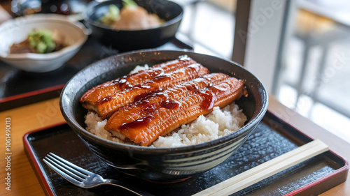 A bowl of grilled unagi eel glazed with sweet sauce, served over steamed white rice with soy dipping sauce on the side, in a Japanese restaurant setting.  photo