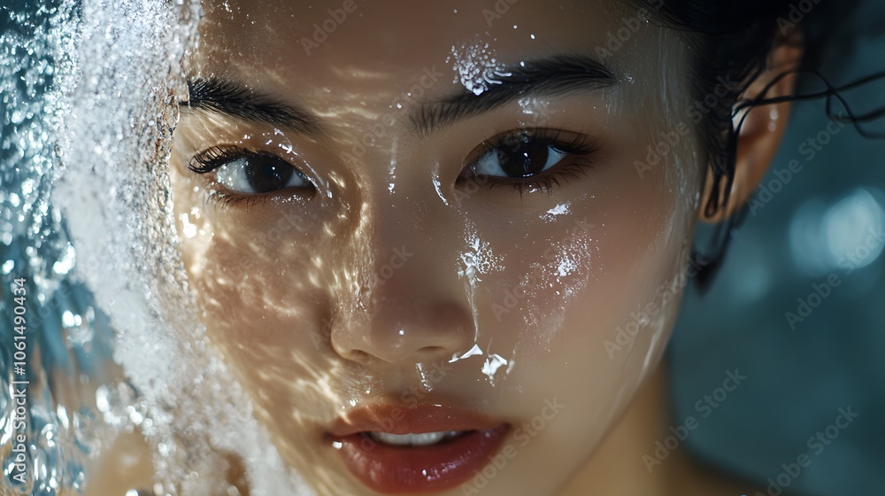 Fashion commercial advertisement. Radiant natural skin asian woman washing her face with water pouring down for facial aesthetic skincare ad Fashion commercial advertisement. Radiant natural skin asian woman washing her face with water pouring down for facial aesthetic skincare ad