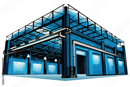 A meticulously detailed vector illustration of an industrial warehouse with high ceilings, featuring industrial equipment, loading docks, and storage racks.