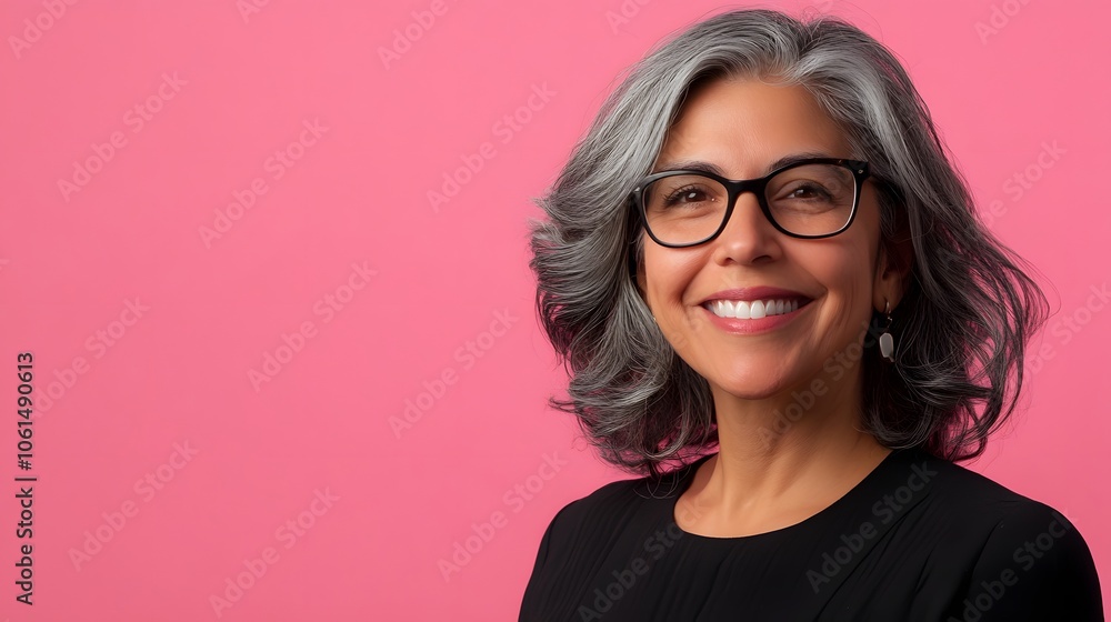 Mature hispanic woman with gray hair and glasses smiling over an isolated pink background Mature hispanic woman with gray hair and glasses smiling over an isolated pink background