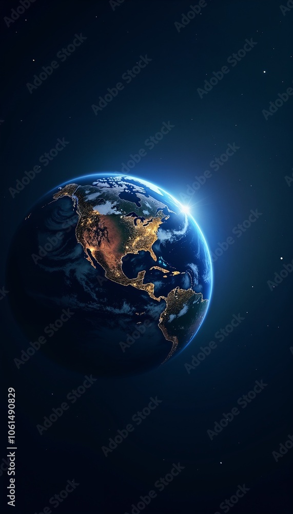 Illuminated Planet Earth during dawn, stunning view, vibrant continents, copy space Illuminated Planet Earth during dawn, stunning view, vibrant continents, copy space