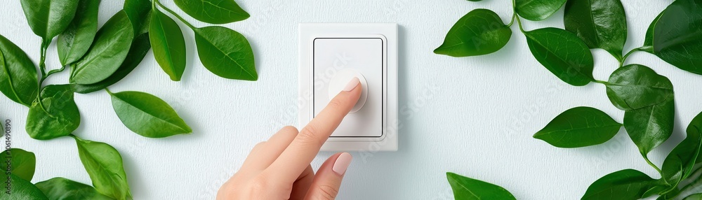 Hand reaching to switch on a light, surrounded by fresh green leaves on a light background. Hand reaching to switch on a light, surrounded by fresh green leaves on a light background.