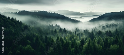 Fototapeta Naklejka Na Ścianę i Meble -  Foggy forest landscape nature trees mist.