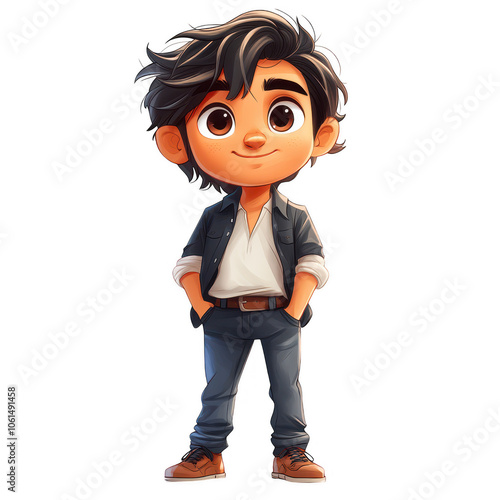 A cute chibi-style young boy with dark wavy hair, wearing a denim jacket over a gray t-shirt and jeans. He has a confident yet friendly smile. 