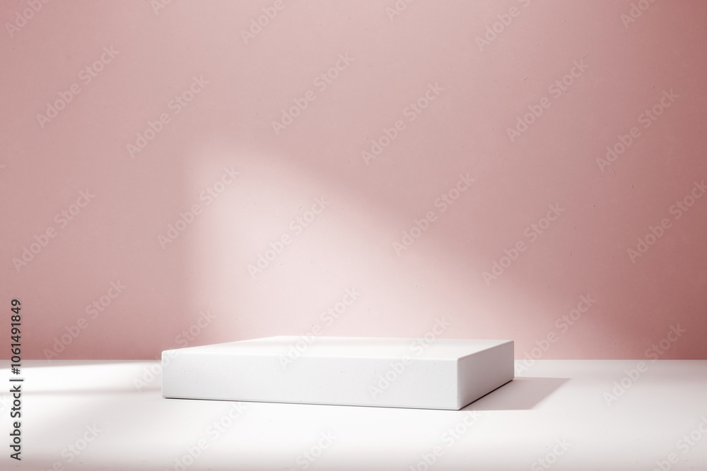 empty white podium on pink concrete background, showcase product, Mock up podium for product presentation, 3d render empty white podium on pink concrete background, showcase product, Mock up podium for product presentation, 3d render